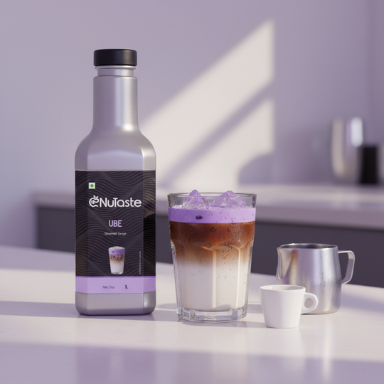 Ube iced coffee preparation artwork